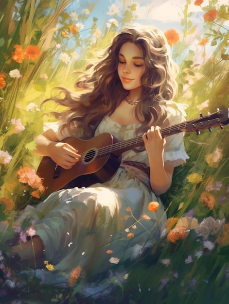 Woman anime character lady playing guitar