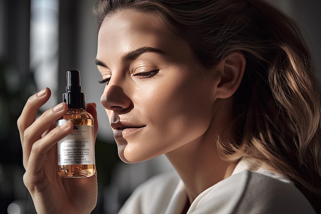 A woman applying a bottle of perfume to her face