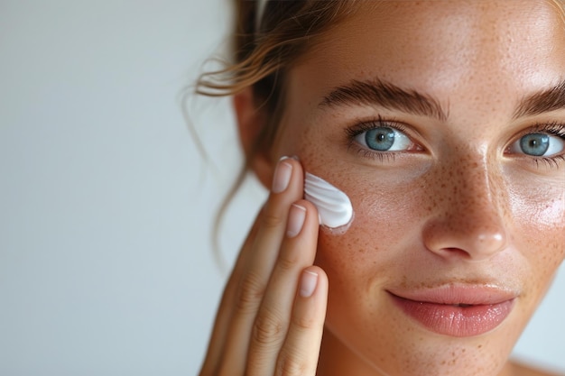 woman applying cream on her cheek