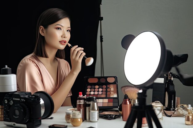 A woman applying lipstick in front of a makeup mirror Generative Ai