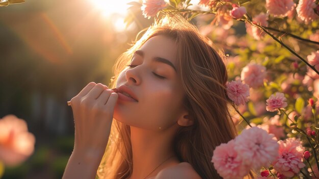 Woman applying lipstick in garden natural radiance and floral beauty