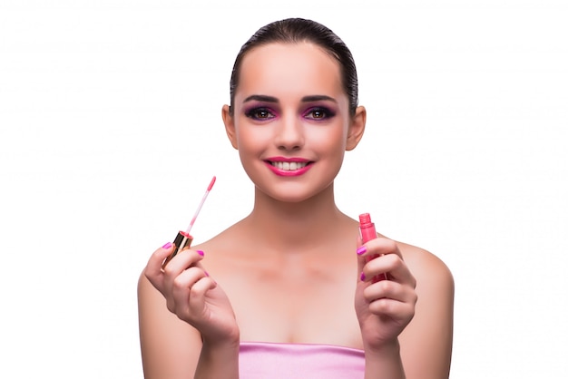 Woman applying lipstick isolated