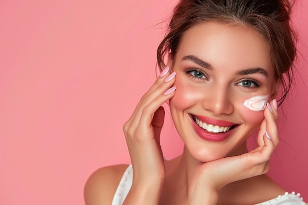 Photo woman applying moisturizer and smiling with perfect makeup beauty