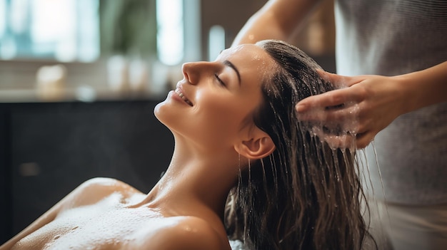 Foto donna che applica shampoo e massaggia i capelli di un cliente donna che si lava i capelli in un parrucchiere