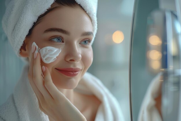 Woman applying skincare cream in bathroom for morning routine