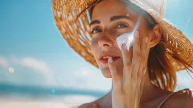 Photo a woman applying sunscreen to protect her beautiful skin from the suns rays