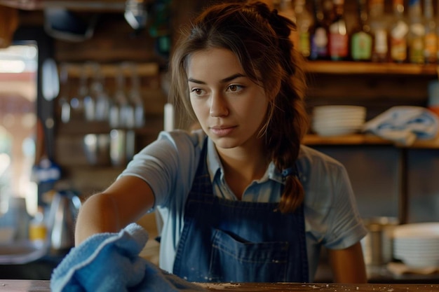 a woman in an apron cleaning a counter