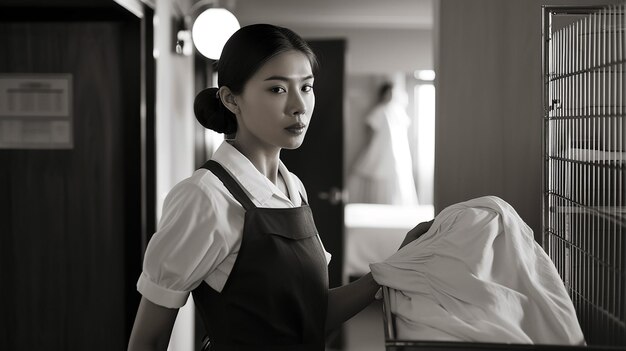 Photo a woman in an apron is holding a sheet of white cloth