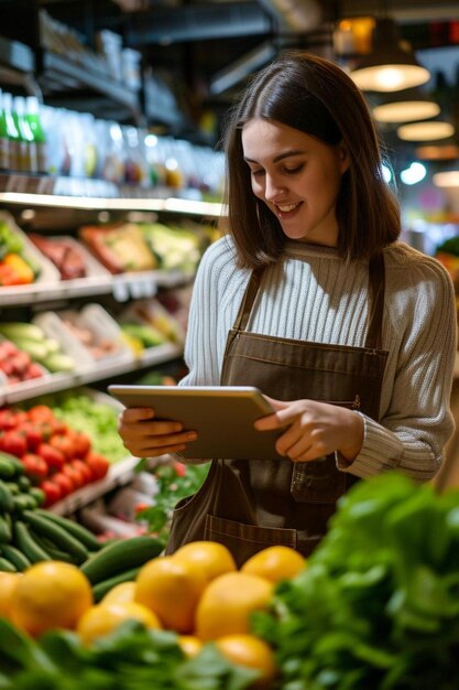 a woman in an apron is looking at a tablet