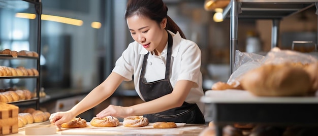 a woman in an apron is preparing food in a bakery