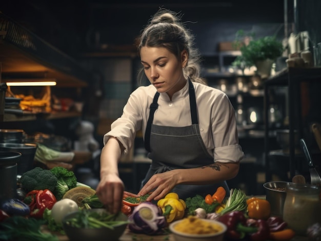 A woman in an apron preparing food in a kitchen generative ai image