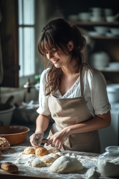 a woman in an apron preparing food on a table