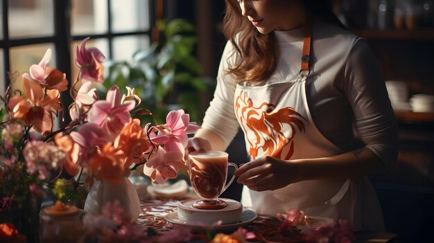 Foto donna in grembiule che prepara un pasto in un ristorante con fiori ai generativa