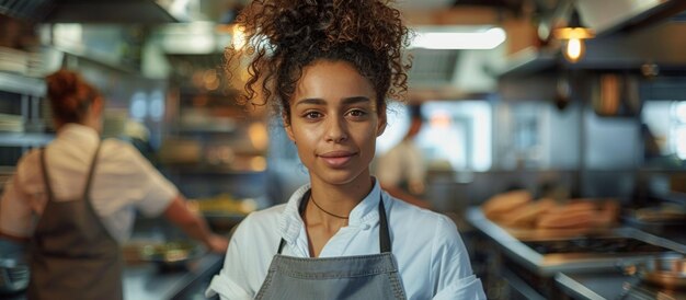 Photo woman in apron standing in kitchen