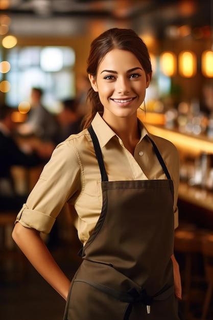 エプロンを着た女性がバーに立つ