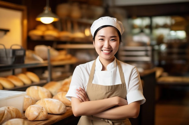 a woman in an apron stands in front of breads