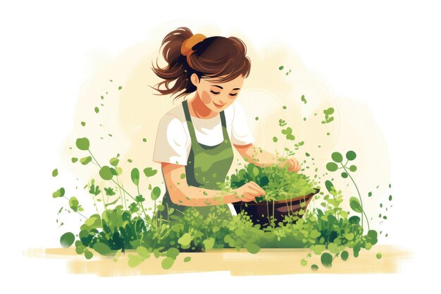 Woman in apron tending to plants