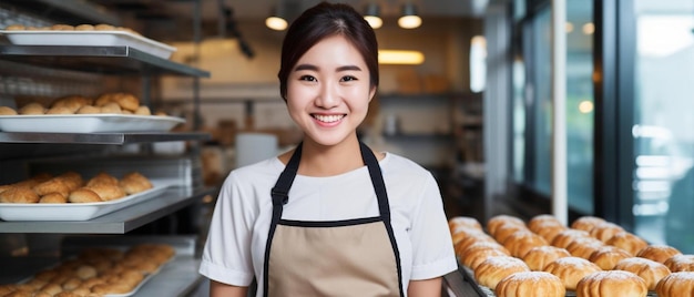 a woman in an apron with a smile on her face and a bagel in the background