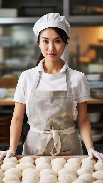 a woman in an apron with a white apron on it