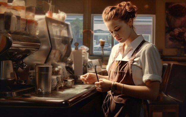 Woman in Apron Writing on Paper