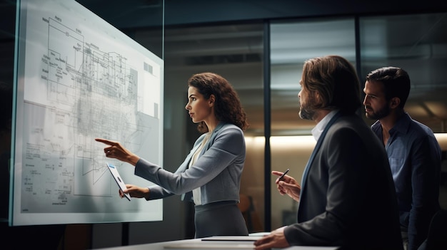 Photo woman architect takes apart a blueprint of a new project on a whiteboard with his colleagues