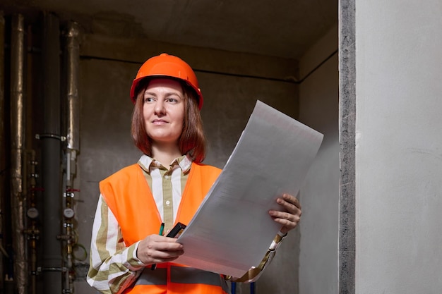 Foto un'architetto donna con un giubbotto e un cappello rigido sta gestendo le ristrutturazioni in un appartamento