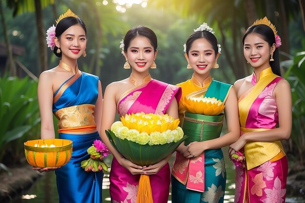 写真 女性がkrathongsを握り,タイの衣装を着ている loy kratong festival