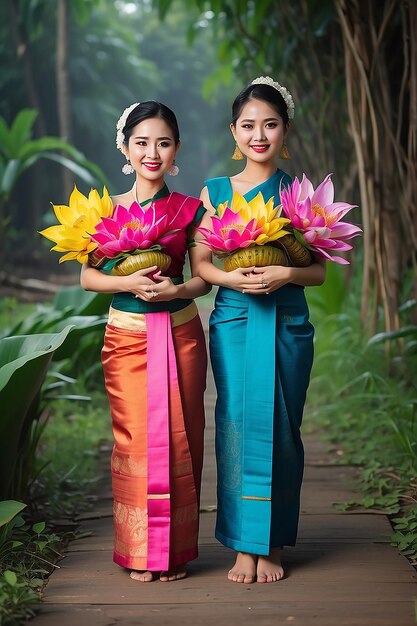 Foto la donna tiene i krathong e indossa costumi thailandesi loy kratong festival