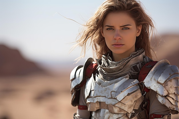 a woman in armor in the desert