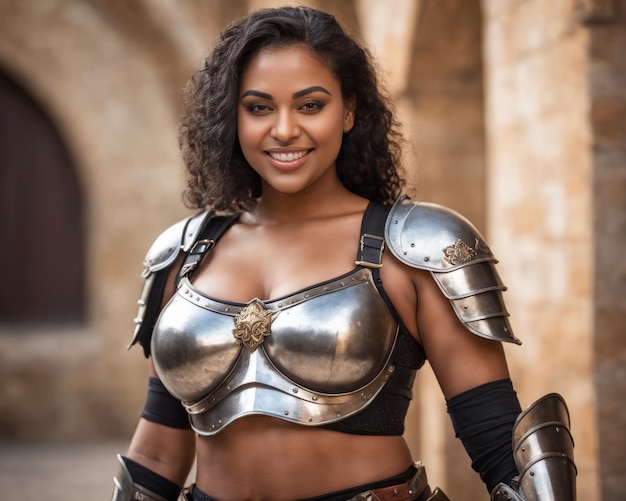 A woman in armor posing for a photo