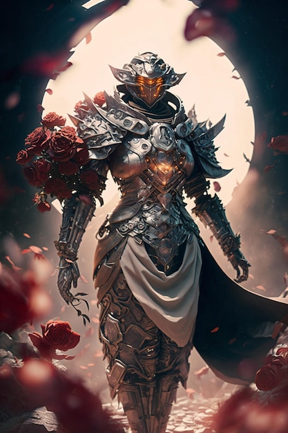 Woman in armor standing in front of a full moon generative ai