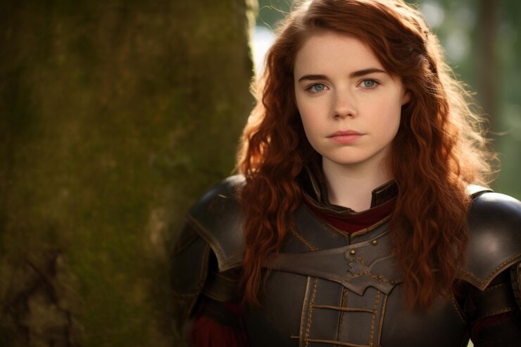 Photo a woman in armor standing next to a tree