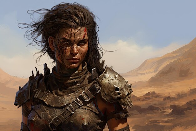 a woman in armor with blood on her face