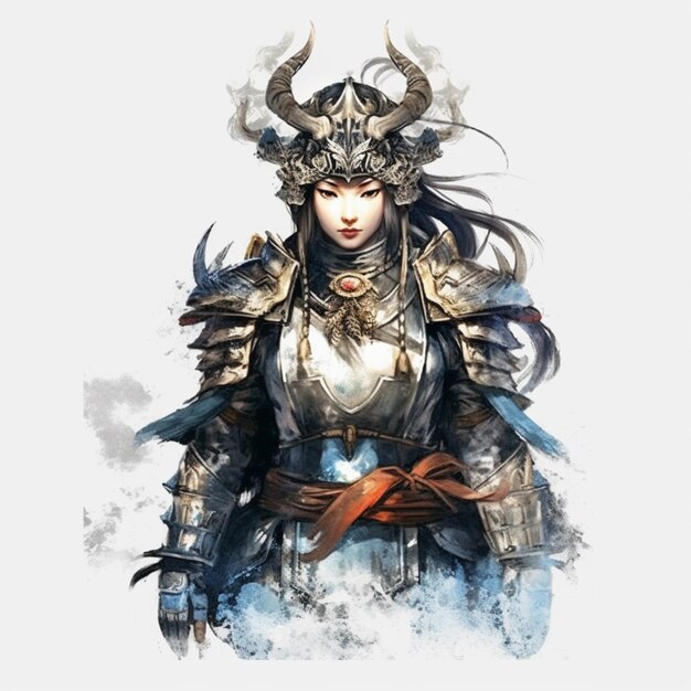 a woman in armor with horns and a helmet on generative ai