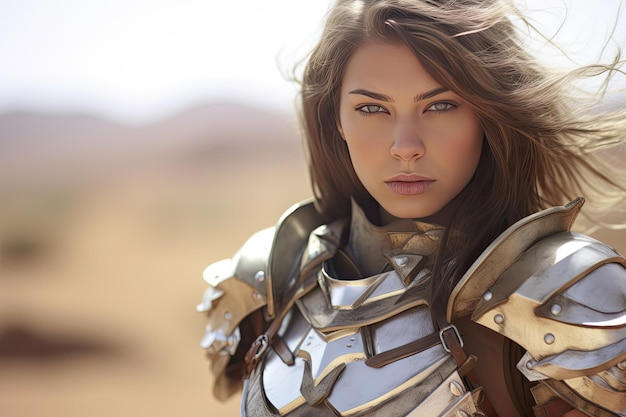 a woman in armor with long brown hair