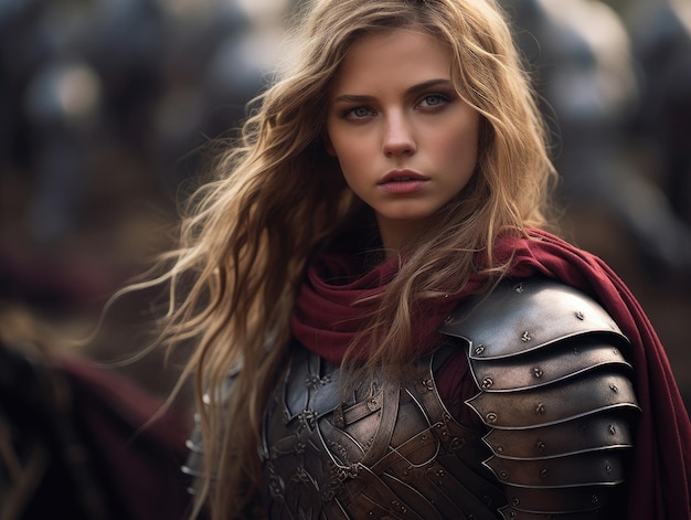 a woman in armor with long hair