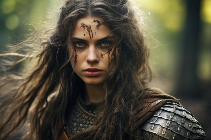 Photo a woman in armor with paint on her face