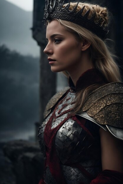 Photo a woman in a armor with a red and gold top and a silver and gold top