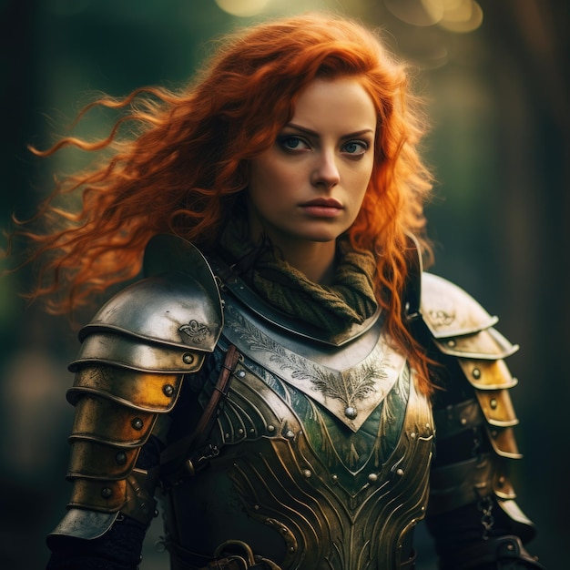 a woman in armor with red hair