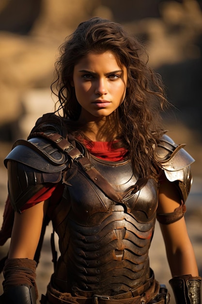 A woman in armor with red shirt and red scarf