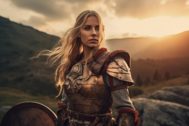 a woman in armor with a sunset behind her