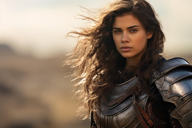 Photo a woman in armor with wind blowing hair