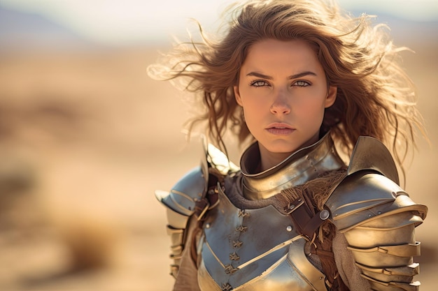 a woman in armor with wind blowing hair