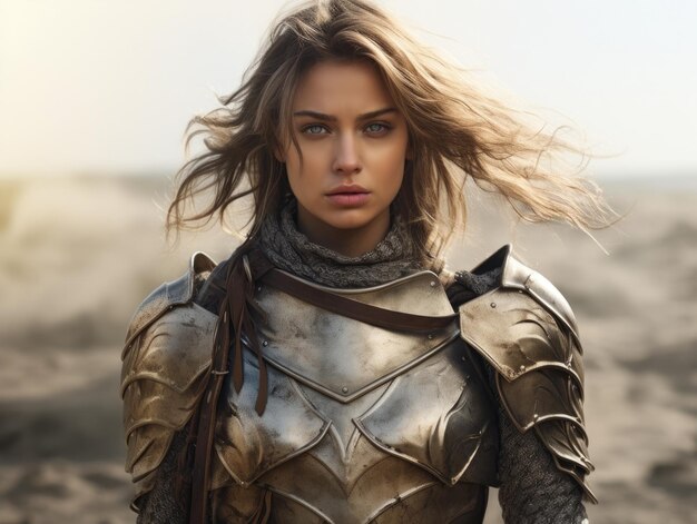 a woman in armor with wind blowing hair