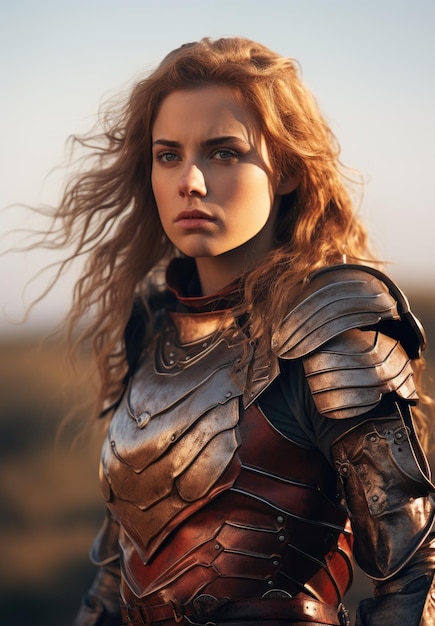 a woman in armor with wind blowing hair