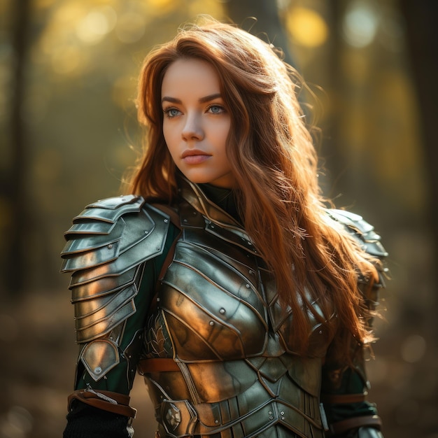 a woman in armor in the woods