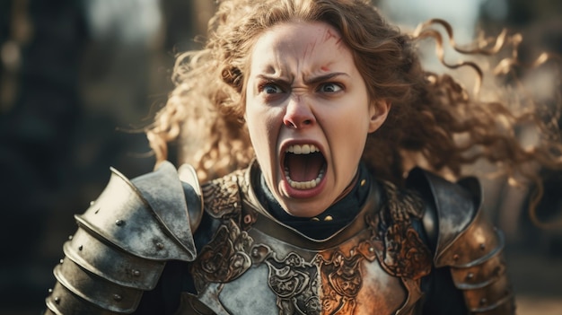 a woman in armor yelling