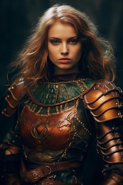 A woman in a armour with the word war on it