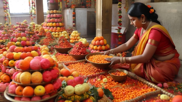 Женщина раскладывает фрукты на рынке.