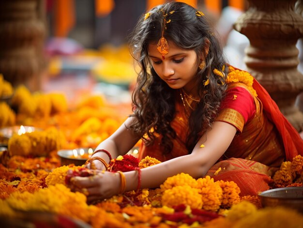 Photo a woman arranges marigolds at a festival in india